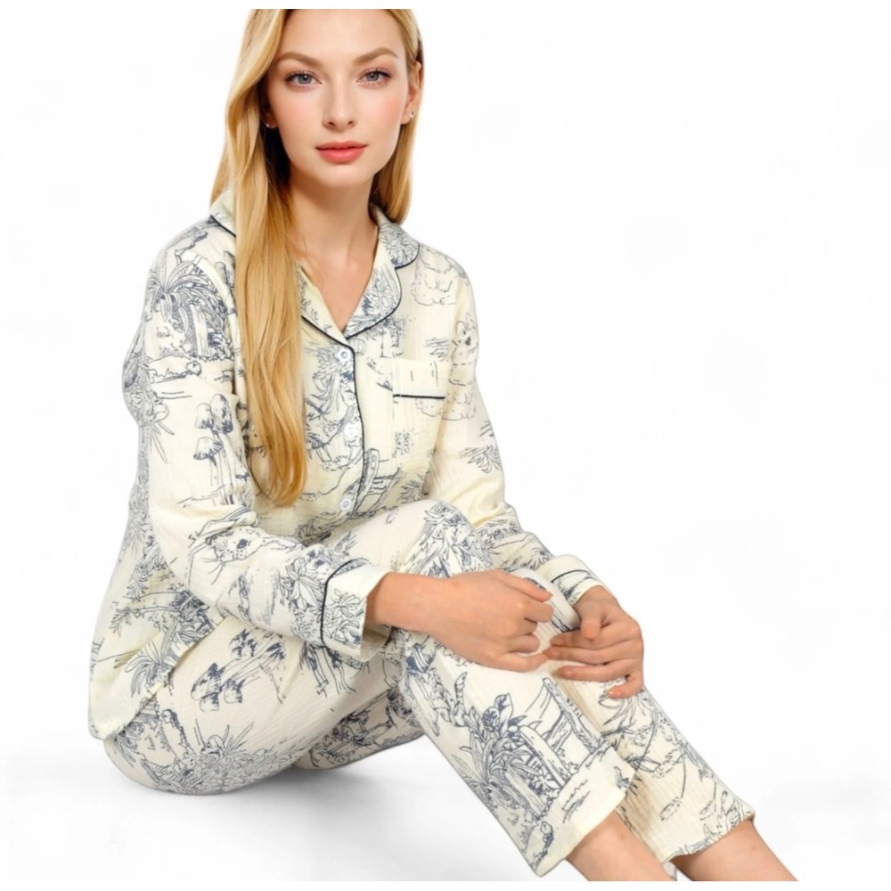 Anna-Kaci Toile Cotton Gauze whimsical Pajama Set Rabbit Mushroom cottagecore M